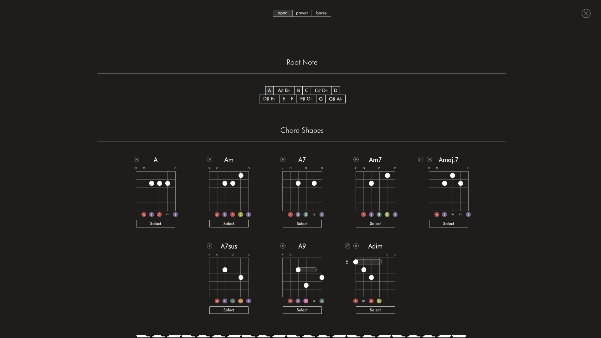 AudioTheory Guitars fullscreen chord selector